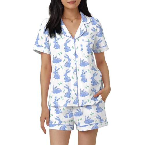 Image of Women Easter Pajamas Set Cute Bunny Button Down Shirt and Shorts 2 Piece Pj Set Y2K Easter Outfits