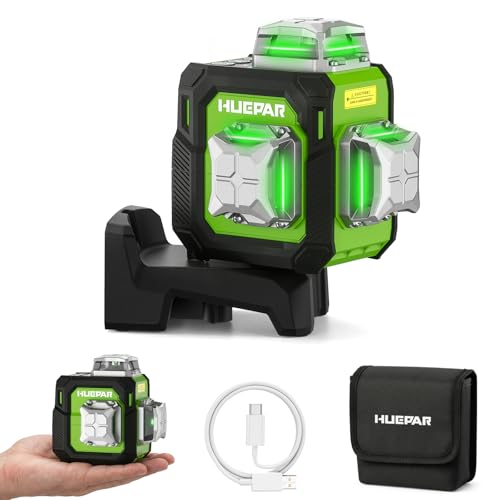 Huepar Nivel Láser 3D Verde Compacto 3x360° Autonivelante, Ideal para Espacios Reducidos, 30m Nivel Laser Profesional con Recargable USB-C, Modo Pulso 70m, Soporte Magnético para Obras y Bricolaje