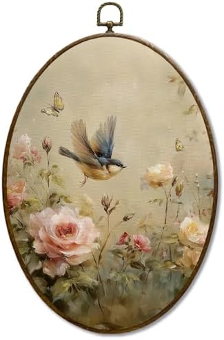 JQF Vintage Floral Bird Oval Wall Art, Rustic Cottagecore Rose Fl...