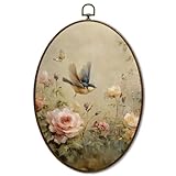 JQF Vintage Floral Bird Oval Wall Art, Rustic Cottagecore Rose Floral Sparrow Oval Canvas Wall Art, Retro Flower Bird Framed Prints Hanging Decor for Home Bedroom Living Room, 8.5x11.5 Inch