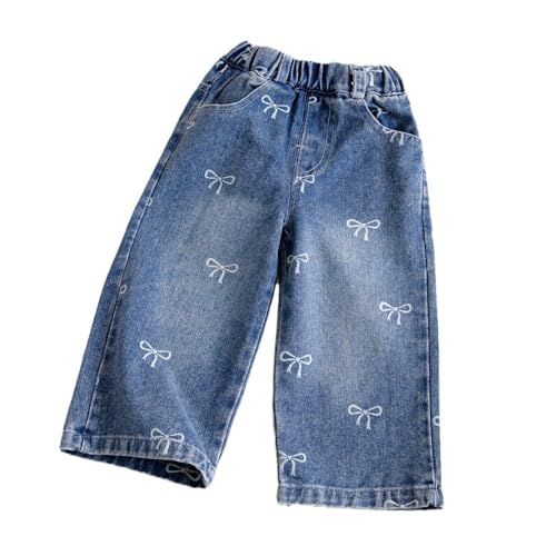 Bow Jeans for Girls Wide Leg Baggy Denim Pants Cute High Waisted Jean Trousers Kids Casual Y2k Streetwear with Pockets