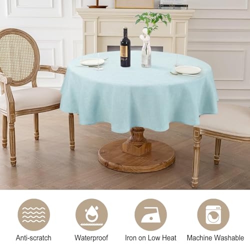 Image of AUSSPVOCT Textured Faux Linen 60 Inch Round Tablecloth Up to 40'' Tables, Waterproof Spill-Proof Round Table Cloth Wrinkle Free Circle Dining Table Cover for Birthday Farmhouse Outdoor Kitchen