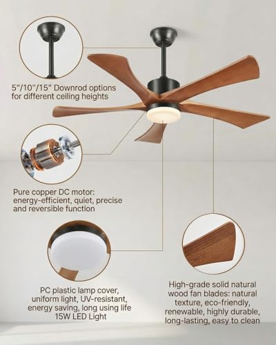 Yahada 52 Inch Ceiling Fans with Lights and Remote Control, USA Original Patent Outdoor Ceiling Fan, Etl Listed, High CFM Quiet Reversible Noiseless Dc Motor, 5 Blades, 6 Speeds, Walnut Wood thumbnail 3