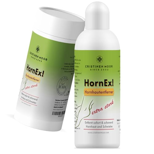 Cristinen Moor HornEx! Hornhautentferner flüssig 250 ml I Hornhaut Entferner zur schnellen Entfernung starker Hornhaut an Fersen Ballen und Zehen I Starterset mit Spatel & Wattepad
