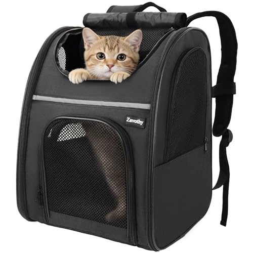 Zavothy Zaino per Cani e Gatti, Zainetto Trasportino Portatile e Pieghevole, con Finestra a Rete e Supporto Imbottito per la Schiena, Traspirante, Carico Massimo 8kg (Nero)