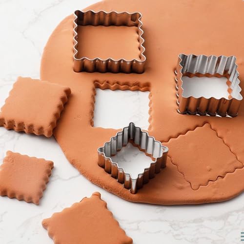 クッキーカッター3点、ペストリー溝付きエッジカッター、長方形ビスケット型、長方形ステンレススチールクッキーカッターセット、ギザギザエッジクッキーカッター、クッキーベーキング必須ツール(正方形1セット)
