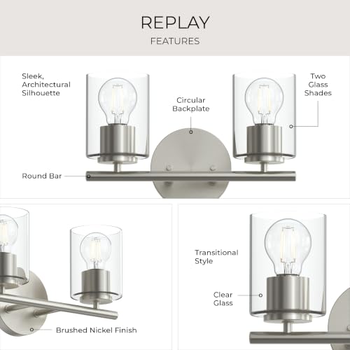 Image of Progress Lighting Replay 13 Inch 2-Light Vanity Light, Transitional, Brushed Nickel with Clear Glass Shades, (7.875 inch H x 13 inch W x 6 inch D), P300582-009