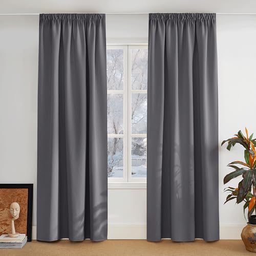 PONY DANCE Schlafzimmer Vorhänge Verdunkelung Kräuselband 2er Set H 300 x B 140 cm Thermogardine Wärmeisolierend Blickdichte Gardinen für Schienensystem Verdunklungsvorhänge Grau