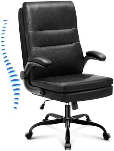Office Chair Big and Tall,Executive Vintage Leather Ergonomic Desk Chair,High Back Adjustable Computer Chair with Springs Cushion,Flip-up Arms,Lumbar Support,Rocking Function(Marbling Black)