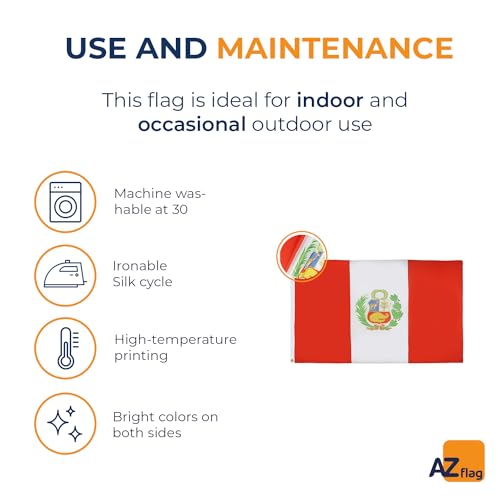 Image of AZ FLAG - Peru Flag - 3x5 Ft - 100D Polyester Peruvian Banner with Two Metal Grommets - Fade Resistant - Vivid Colors - 3' x 5' Feet - 150x90 Cm