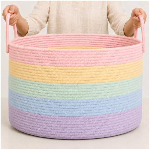 Image of OrganiHaus Rainbow Toy Basket & Blanket Storage Bin, Nursery 20x13 inch | Rainbow Pastel - Round Rainbow Cotton Rope Basket, Nursery 20x13 inch