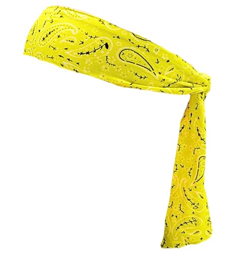 MDSTYLE Tie Bandana Headband for Men and Women Hair Accessorries Paisley and Solid Color Sweat Band for Sports Workout Hairband (Yellow - Paisley)