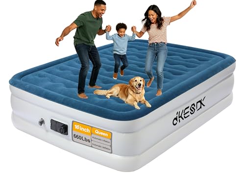 dkesdk Air Mattress Queen with Built in Pump Comfortable Waterproof Flocked Surface Blow up mattresses for Temporary Family Stays and Travel 16-Inch Blow Up Mattress Inflates in 3 Minutes