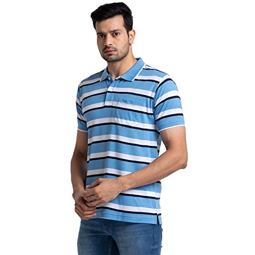 Image of Colorplus Men's Pure Cotton Stripe Pattern Tailored Fit Polo Neck Half Sleeve Casual T-Shirt