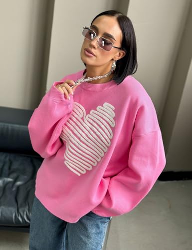 Arssm Women's Heart Pullover Sweaters Crew Neck Y2K Loose Fit Knit Cute Valentines Casual Sweater2