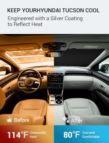 Image of Proadsy Windshield Sun Shade for Hyundai Tucson 2026 2025 2024 2023 2022 Front Window Sunshade Protector Foldable Sun Visor Blocks UV Rays Keep Car Cooler | 240T Heat Shield, Drops Temp 54F, Blocks 99% UV, Prevents Dashboard Cracking, Summer Parking & Beach Trips, Easy Twist-Fold