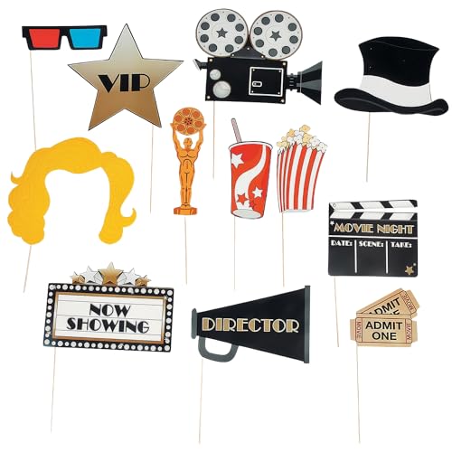 Movie Night Photo Booth Stick Props Set – 12 Pieces Cardstock Props on Wooden Sticks for Hollywood, Cinema & Movie-Themed Parties, Events, Fundraisers & Celebrations