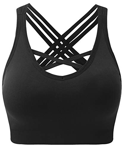 ANGOOL Damen Sport BH ohne Bügel Gepolstert Yoga Bra Kreuz Rücken Sport Bustier für Jogging Fitness , Schwarz , XL