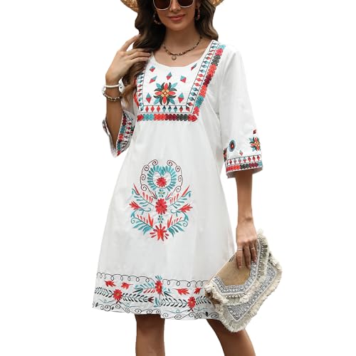 Image of Higustar Mexican Embroidered Dress Summer Cotton Bohemian Flower Peasant Traditional Mexico Fiesta Boho Dresses for Women