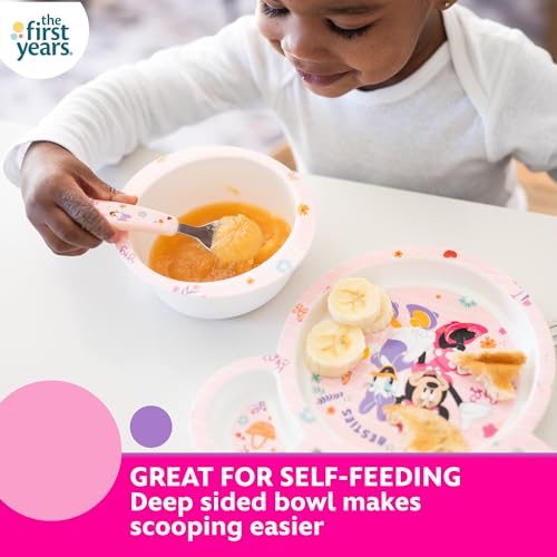 Image of The First Years Disney Minnie Mouse Kids Dinnerware Set - Includes Toddler Plate, Bowl, Fork, and Spoon - Baby Led Weaning Supplies - 4 Count- Ages 9 Months and Up, Small (Pack of 12)