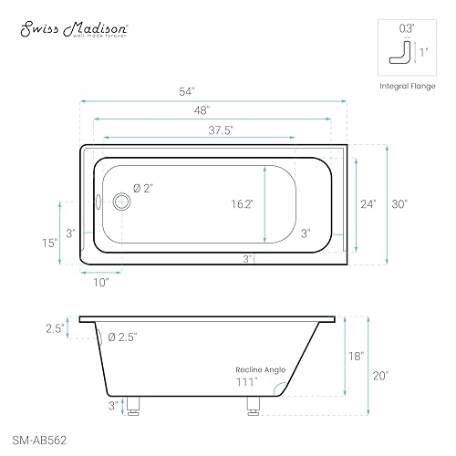 Image of Swiss Madison Voltaire 54 inch x 30 inch Acrylic Glossy White, Alcove, Integral Left-Hand Drain, Bathtub