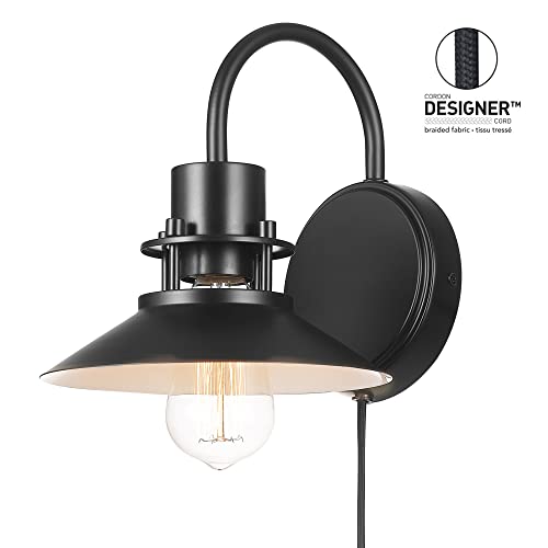 Image of Globe Electric Wren 1-Light Plug-in or Hardwire Wall Sconce, Matte Black, 6ft Black Braided Fabric Designer Cord, in-Line On /Off Rocker Switch, Bulb Not Included