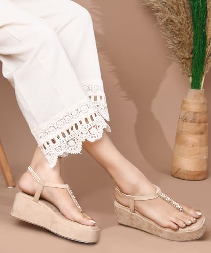 Image of JM LOOKS Soft Material Platform Wedge Sandals with Crystal T-Strap Detail and Secure Elastic Ankle Support