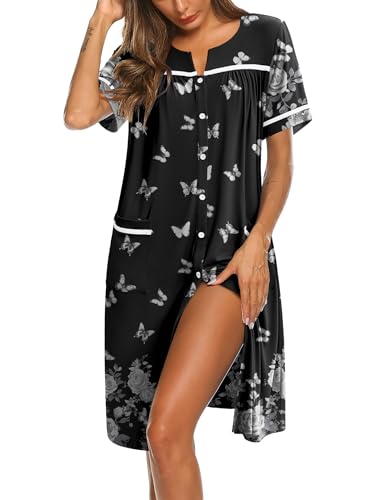 Image of Ekouaer Nightgowns for Women House Dress with Pockets Button Down Sleepshirt Short Sleeve Nightshirt Housecoat