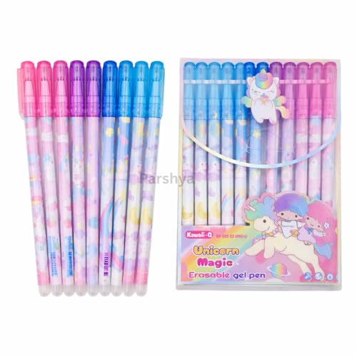 Image of KiddieWorld 12 Pcs Unicoorn Theme Erasable Gel Pens Set for Kids & Students | 0.5mm Smooth Writing Blue Ink | Cute Kawaii School Stationery | Write Erase Rewrite Pens for School, Return Gifts