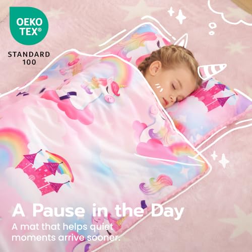 Image of JOIEDOMI Toddler Nap Mat with Removable Pillow and Minky Blanket 55''x30'' Kids Sleeping Bag for Boys and Girls Ages 3-6 Roll Up Soft Nap Mats for Preschool Kindergarten Daycare Sleepover