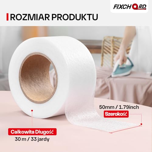 FIXCHORD Taśma Termiczna do Naprasowania i Klejenia - Do Prasowania Tkanin Topliwych, Obszywania Zasłon i Odzieży, Biały, 30M*50mm