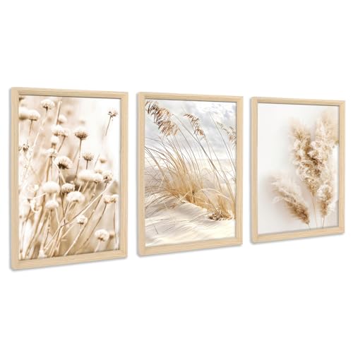 3 Pcs Framed Canvas Wall Art Beige Dandelion Pampas Grass Sage Canvas Prints Coastal Beach Landscape Pictures for Living Room Bedroom Kitchen Hallway Wall Decor 90x40cm(12"x16"x3pcs) (No Plexiglass)