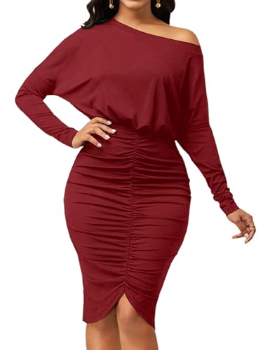 LYANER Women's Sexy One Shoulder Ruched Elastic Waist Split Long Sleeve Bodycon Party Midi Dress Wine Red Medium