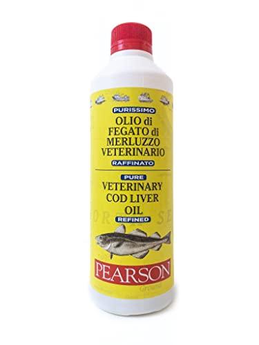 Pearson Purissimo Olio di Fegato Di Merluzzo Veterinario per Cani, Gatti, Cavalli e altri animali. Pelo lucido e Sano, Fonte di Vitamine e Omega3. Flacone 500ML.