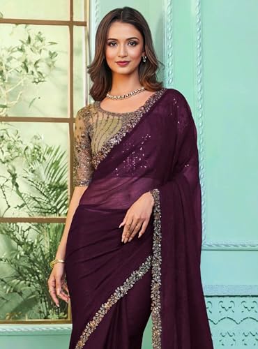 Image of Women's Bollywood Heavy Sequins Embroidery Work Georgette Saree with Unstitched Blouse