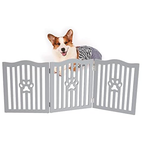 Trimate, Pet Gate, Wooden Free Standing Dog Gate for Small dogs and Cats. Great Folding Fence for Doorways, Halls, Stairs. Grey Cover