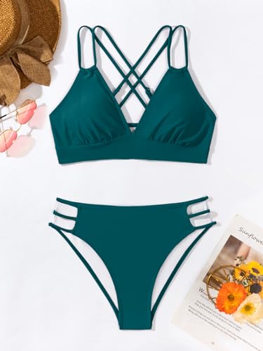 Image of Fanuerg Women's Sexy V Neck Bikini Sets Hollow Out Two Piece Swimsuits Cutout Mid Waist Bathing Suit