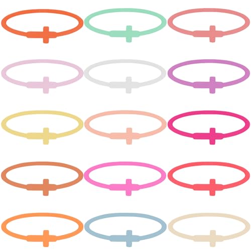 NEWITIN 15 Pieces Cross Bracelets for Women Silicone Cross Bracelet Family Friend Couple Jewelry Friendship Gift for Women Men