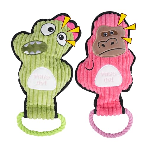 Grnstf 2-Pack Squeaky Dog Toys & Tough Tug of War Set - No Stuffing Chew-Resistant Plush Toys to Keep Them Busy, Best Birthday Gift for Small/Medium/Large Breeds (Dino & Gorilla)