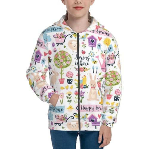 Spring Hand Drawn Flowers Birds Kids Pullover Hoodies Boys Zip Up Sweatshirts Girls Athletic Clothes with Pocket3