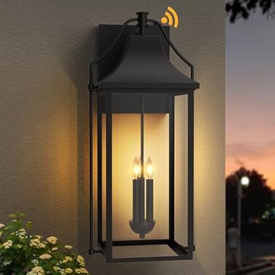 Lawyettle ????????-???????????????? Dusk to Dawn Outdoor Wall Light, Large Size Waterproof Patio Lanterns, 3-Light Exterior Wall Mount Lantern Sconce with Glass, Black Wall Sconces for House Garage Front Door