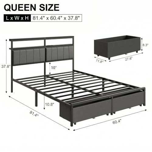 Queen Bed Frame with Storage Drawers and Charging Station, Grey - Image 2