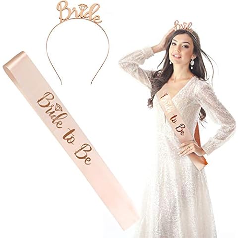 BIGKASI 2Pcs Rose Gold Hen Party Accessories Set Bride to Be Sash Bridal Tiara Crown Headband Bachelorette Party Favor Decoration Girl's Headdress (Sash&Tiara) Cover