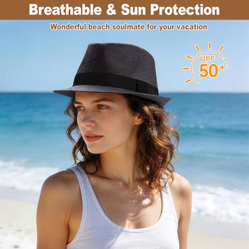 Image of Straw Fedora Hats for Men Women, 1920s Short Brim Trilby Panama Hat Summer Beach Sun Cap