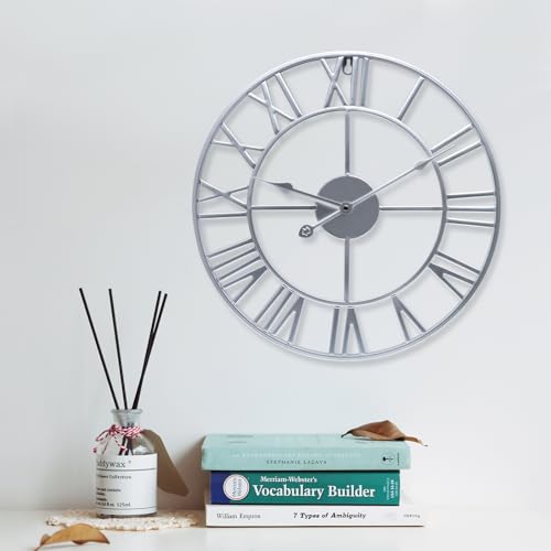 Image of bakbrand Large Wall Clock 32 Inch Silver Roman Numerals Metal Clock Battery Operated Silent Non-Ticking Decor Clock Modern Round Oversize Wall Clocks for Home, Hotel, Office, Bedroom (Silver, 32inch)
