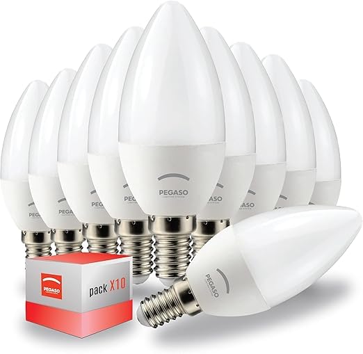 PEGASO - Lampadina LED, attacco piccolo E14, 8,5W (Equivalenti a 60W), 800 Lumen, Lampadine Led Luce bianca naturale 4000K, Massima efficienza e Risparmio Energetico, forma C37 candela-Pacco da 10 PZ