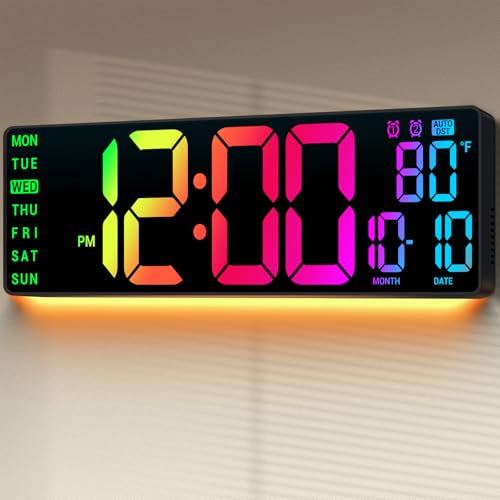 ANSOPER 16.5' Large Digital Wall Clock: 11 RGB Color LED Display with Remote Control, Auto DST, Temperature & Date, Big Number Wall Clock for Seniors, Classroom, Office, Gym, Home Decor Black