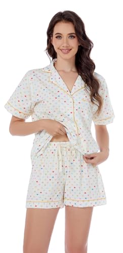 Image of LUBOT 100% Cotton Pajamas for Women 2 Piece PJ Set Poplin Woven Lightweight Ladies Button Short Sleeve Sleepwear S-XXL