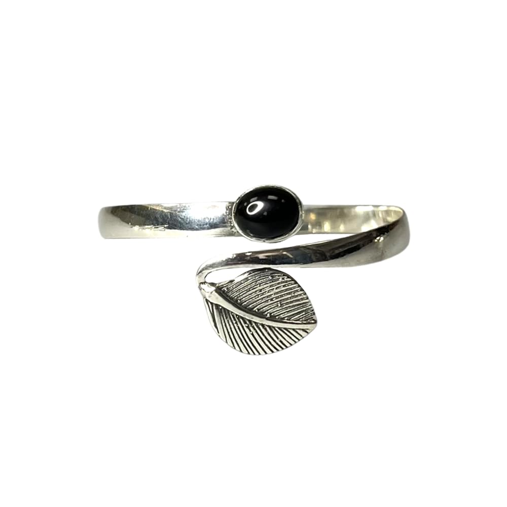 VIE Silver Plated Adjustable Leaf Cuff Bangle, Black Agate