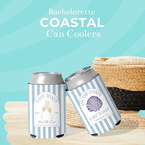Image of Last Toast On The Coast Bachelorette Can Sleeves - 12 Pack Beach Bachelorette Party Beer Cozy Bulk, Funny Soda Can Coolers for Bachelorette Party Accessories